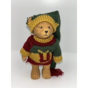 Russ Berrie Teddy Town Bear Figurine Jointed Green Sweater Hat Resin Vintage